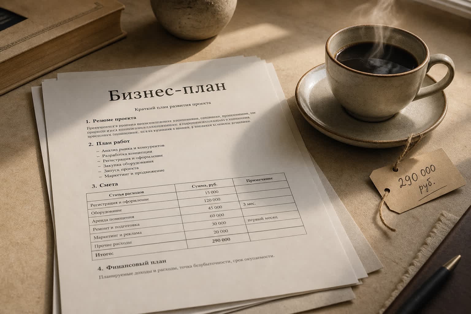 Распечатанный бизнес-план, чашка кофе и бирка на столе